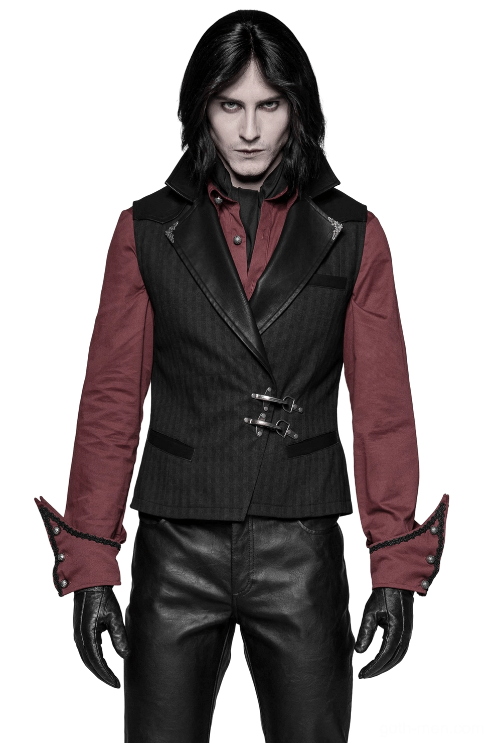 Black striped PU leather buckle waistcoat for men front view worn on model gothic steampunk style