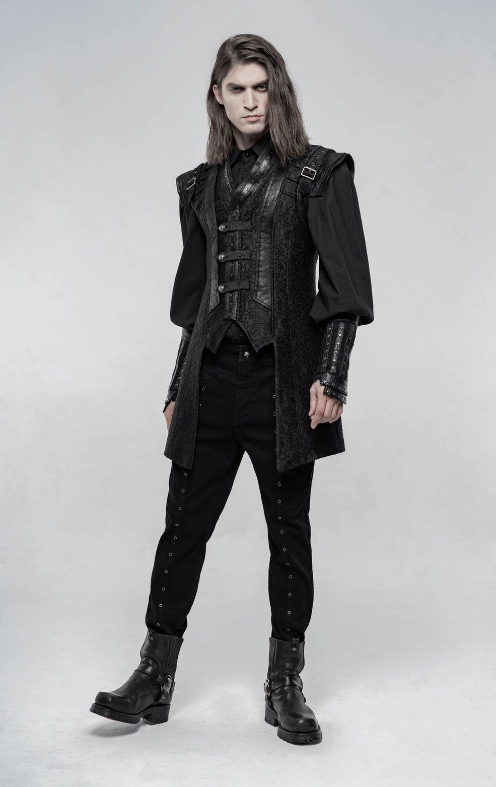 Black jacquard gothic waistcoat with metal accents and buckle details, men's alternative fashion piece