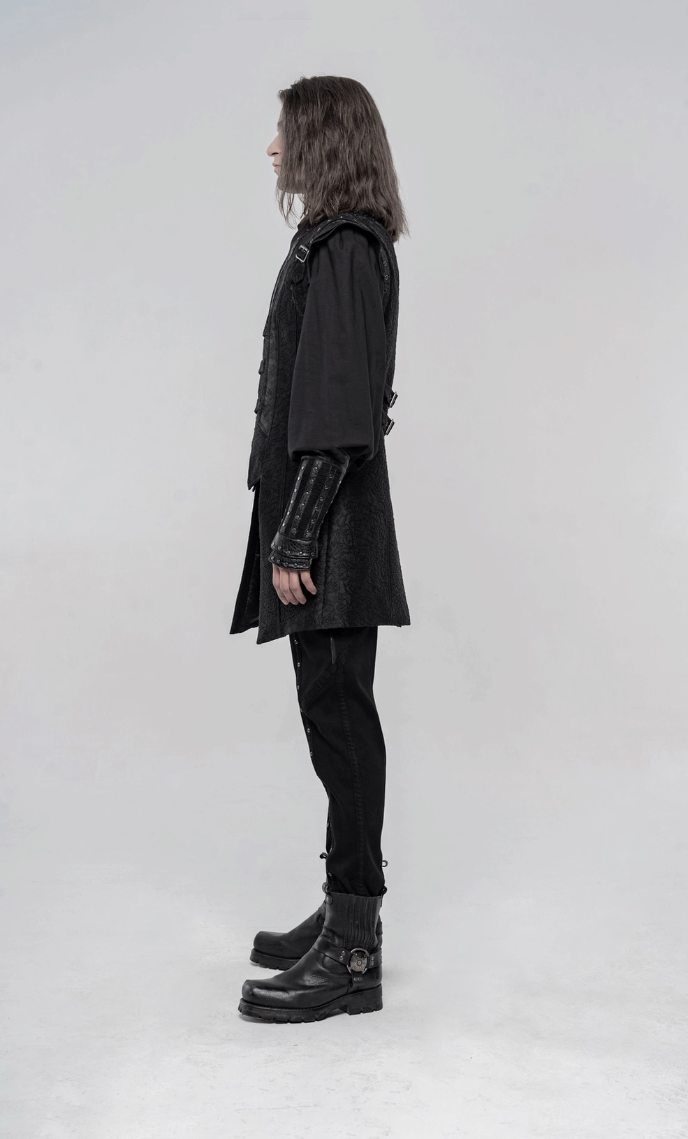 Black jacquard gothic waistcoat product showcase highlighting tailored fit and adjustable rear buckles