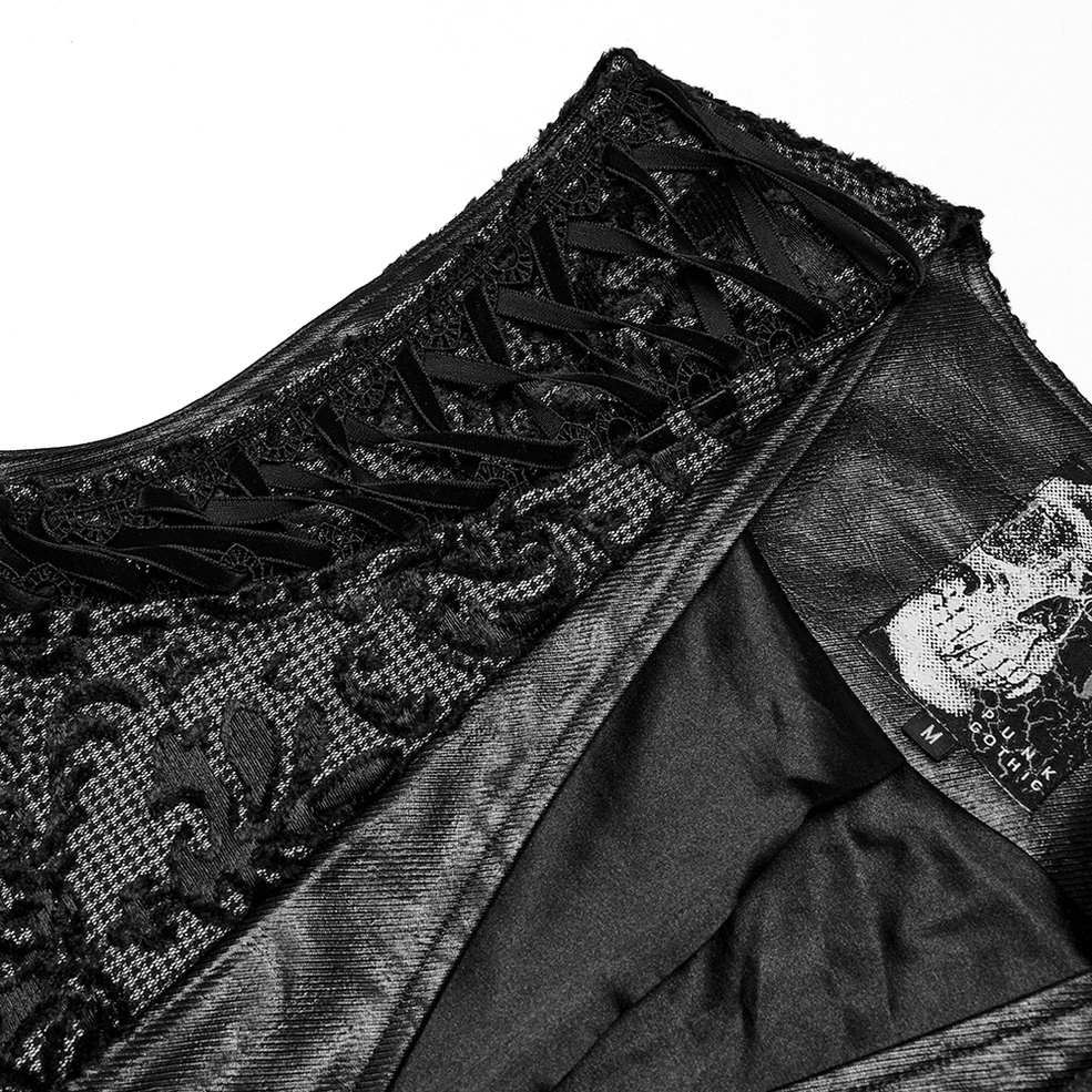 Close-up of gothic waistcoat collar detail with lace-up neck closure and skull inner lining