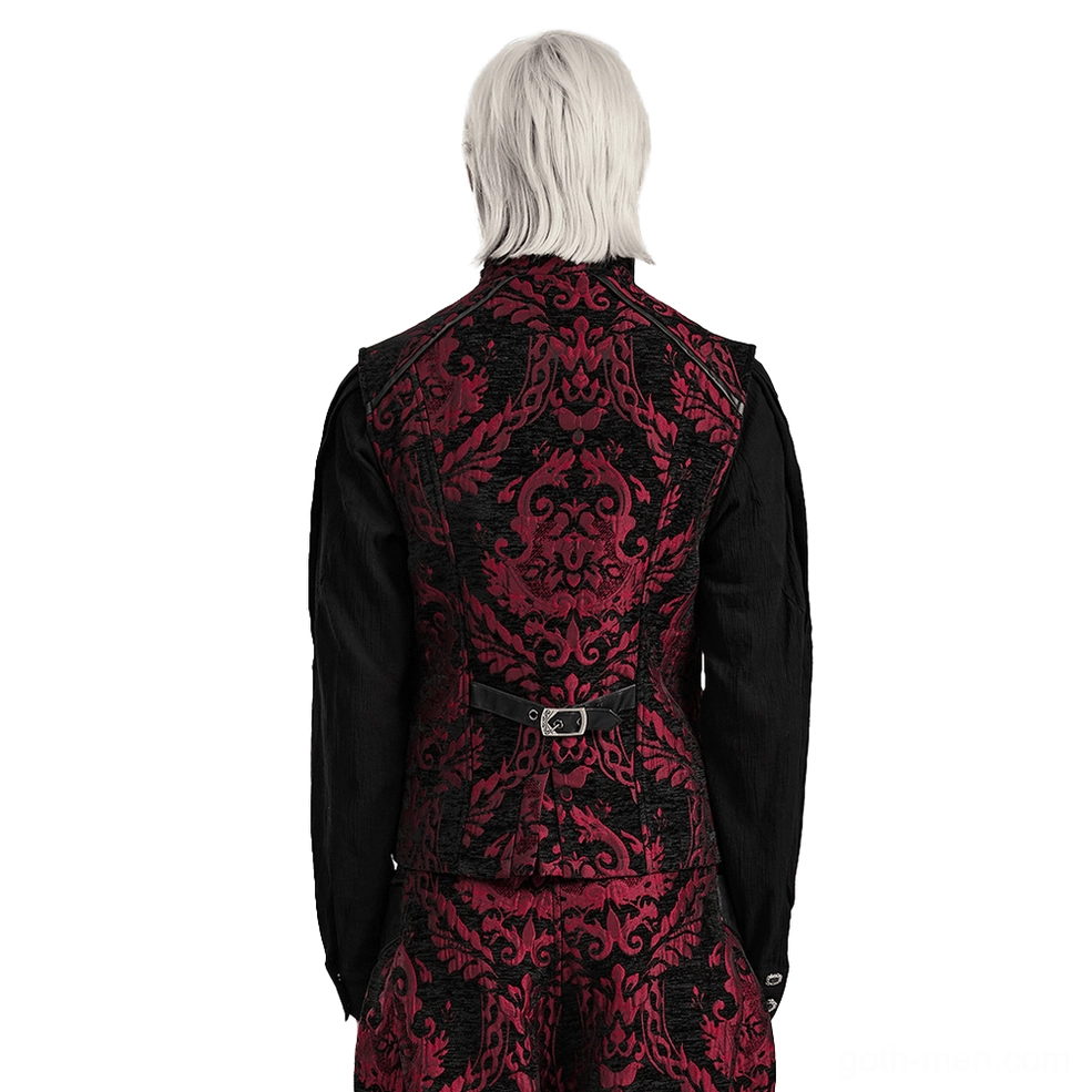 Gothic Victorian waistcoat rear view on platinum blonde male model, showing full red-black damask pattern, adjustable faux leather waist belt with metal buckle closure