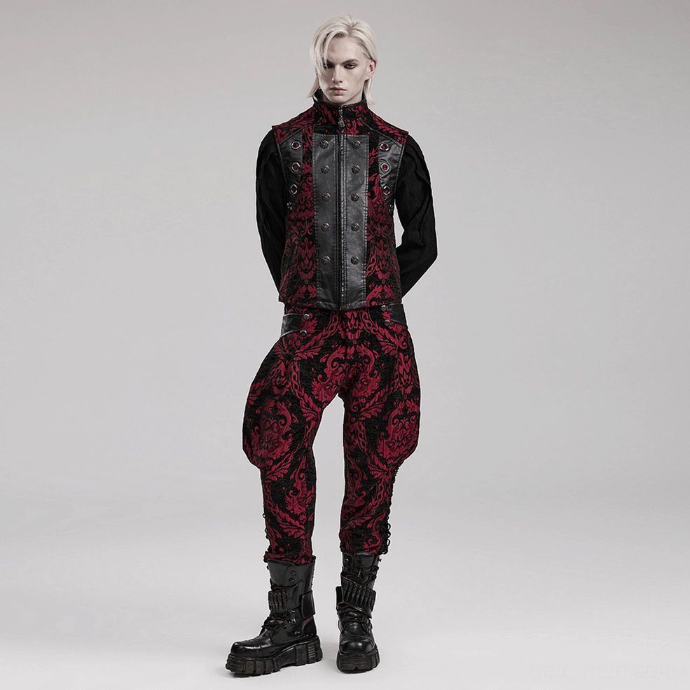 Gothic men's waistcoat damask brocade design detail, highlighting the red and black ornate scroll pattern, jacquard weave texture, and baroque-inspired artistic elements