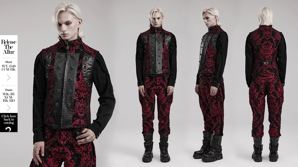 Full body view of gothic waistcoat worn with matching damask trousers on model, showcasing complete alternative gothic outfit, styling inspiration, and ensemble coordination