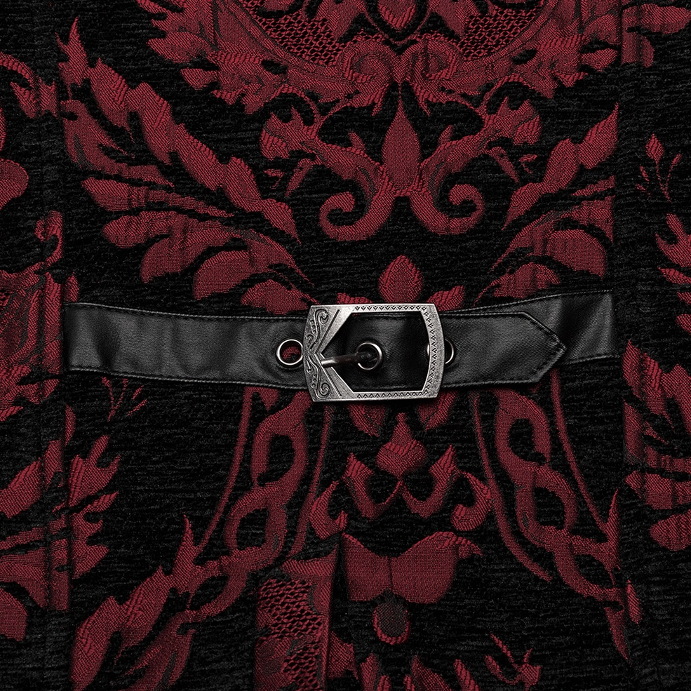 Gothic men's waistcoat front presentation on platinum blonde male model, showcasing red-black damask jacquard, faux leather front panels, metal hardware, and tailored silhouette