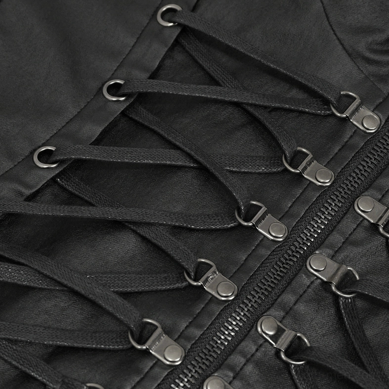 Gothic waistcoat texture and construction detail showing faux leather material and stitching quality