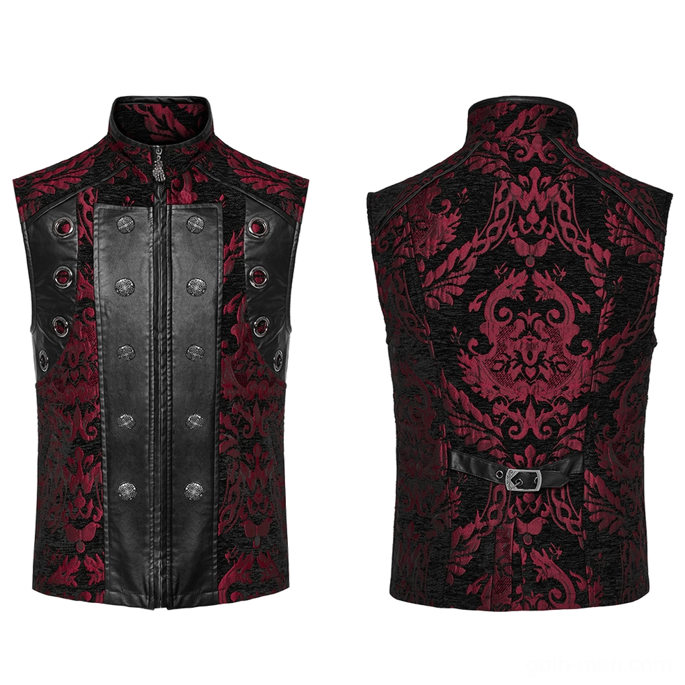 Red and black gothic men's waistcoat flat lay front and back view, displaying stand collar, central zip closure, metal grommets, and complete damask brocade pattern