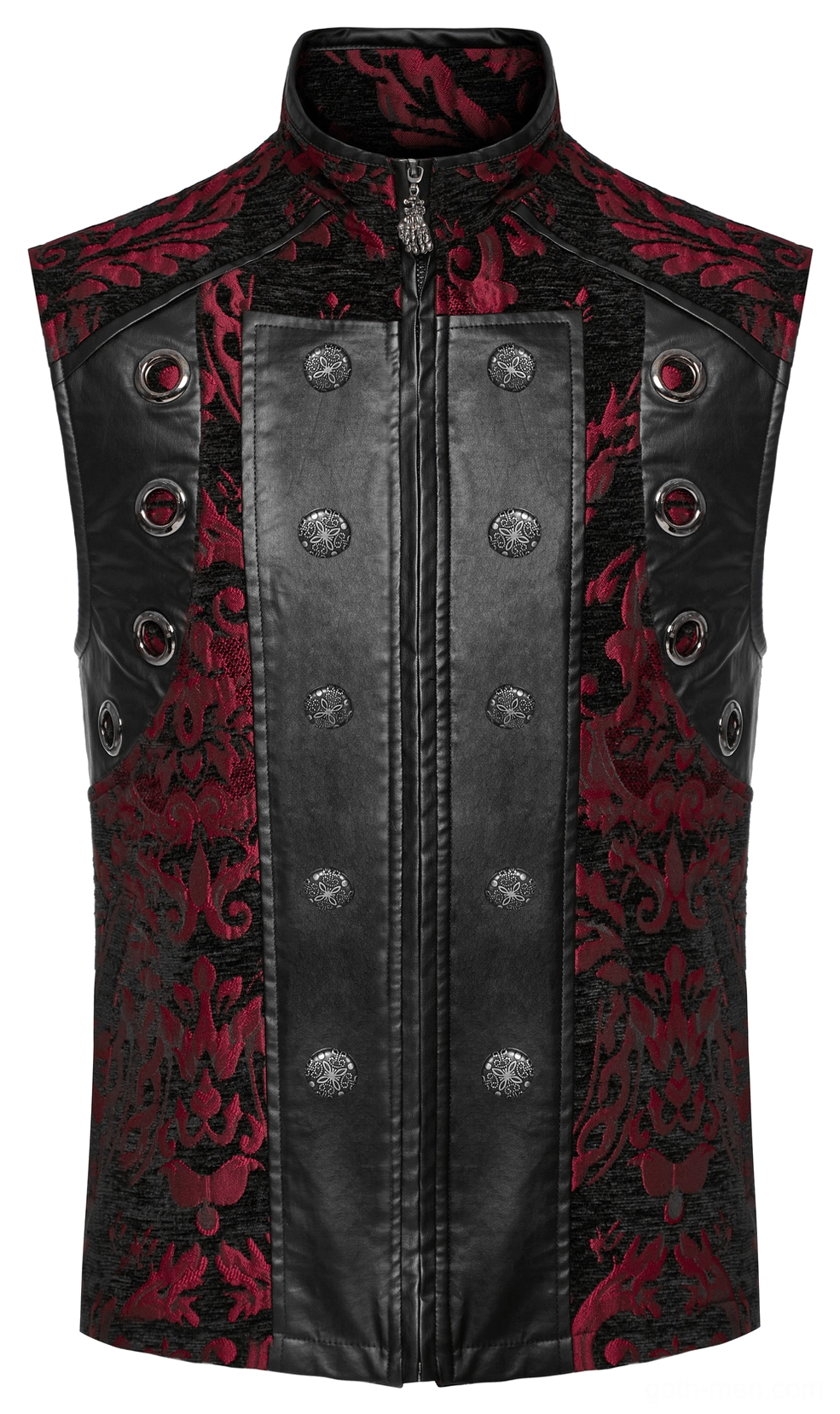 Gothic men's waistcoat front flat lay detail, showing faux leather central panel, metal decorative hardware, zip closure, and intricate red-black damask fabric base
