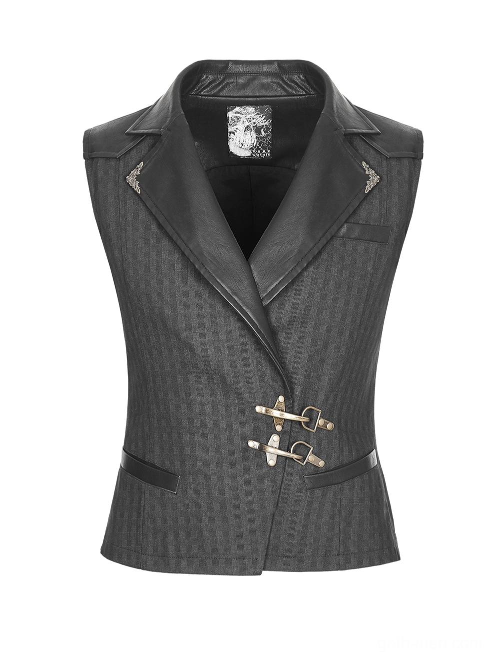 Black gothic steampunk waistcoat front flat lay view notched lapel rose metal trim antique button detail