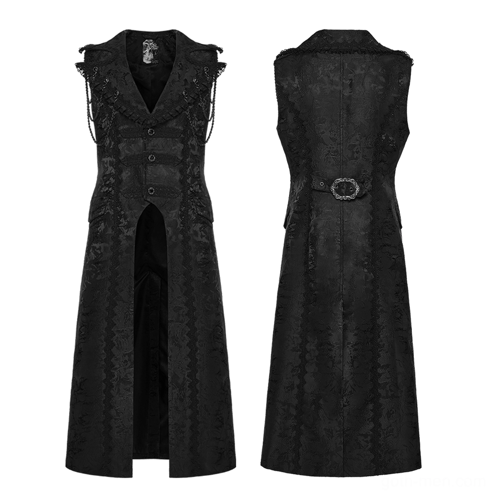 Black jacquard gothic waistcoat front product view with ornate buttons and chain accents