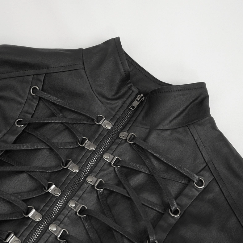 Close-up of gothic waistcoat front featuring metal zipper, lace-up eyelets, and matte black faux leather