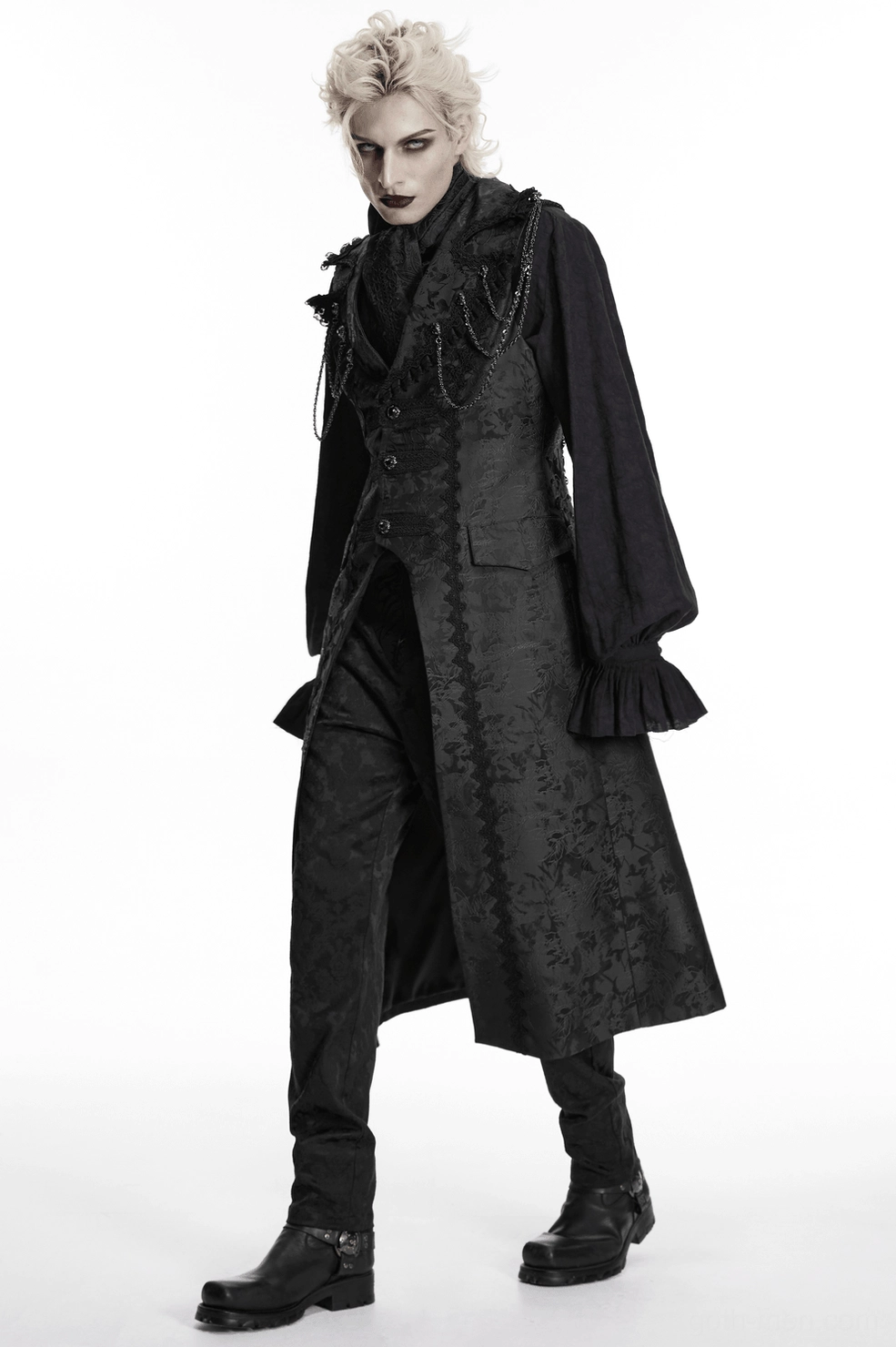 Gothic waistcoat full-length view emphasizing maxi cut and dramatic darkwear aesthetic