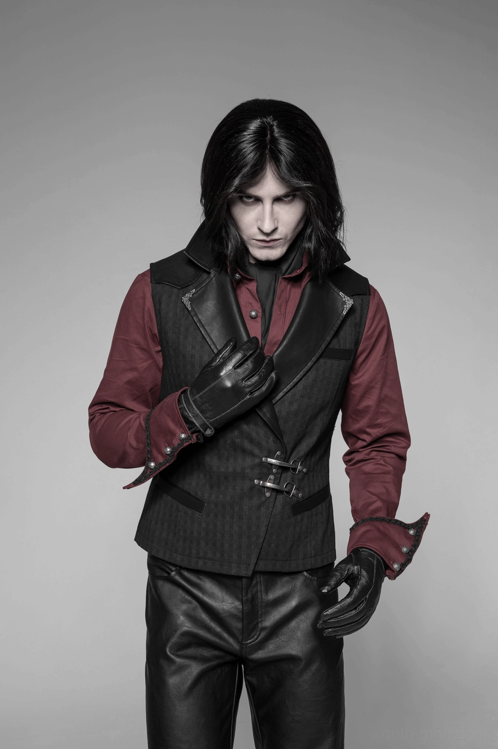 Black striped gothic waistcoat interior pocket and lining construction detail cotton material