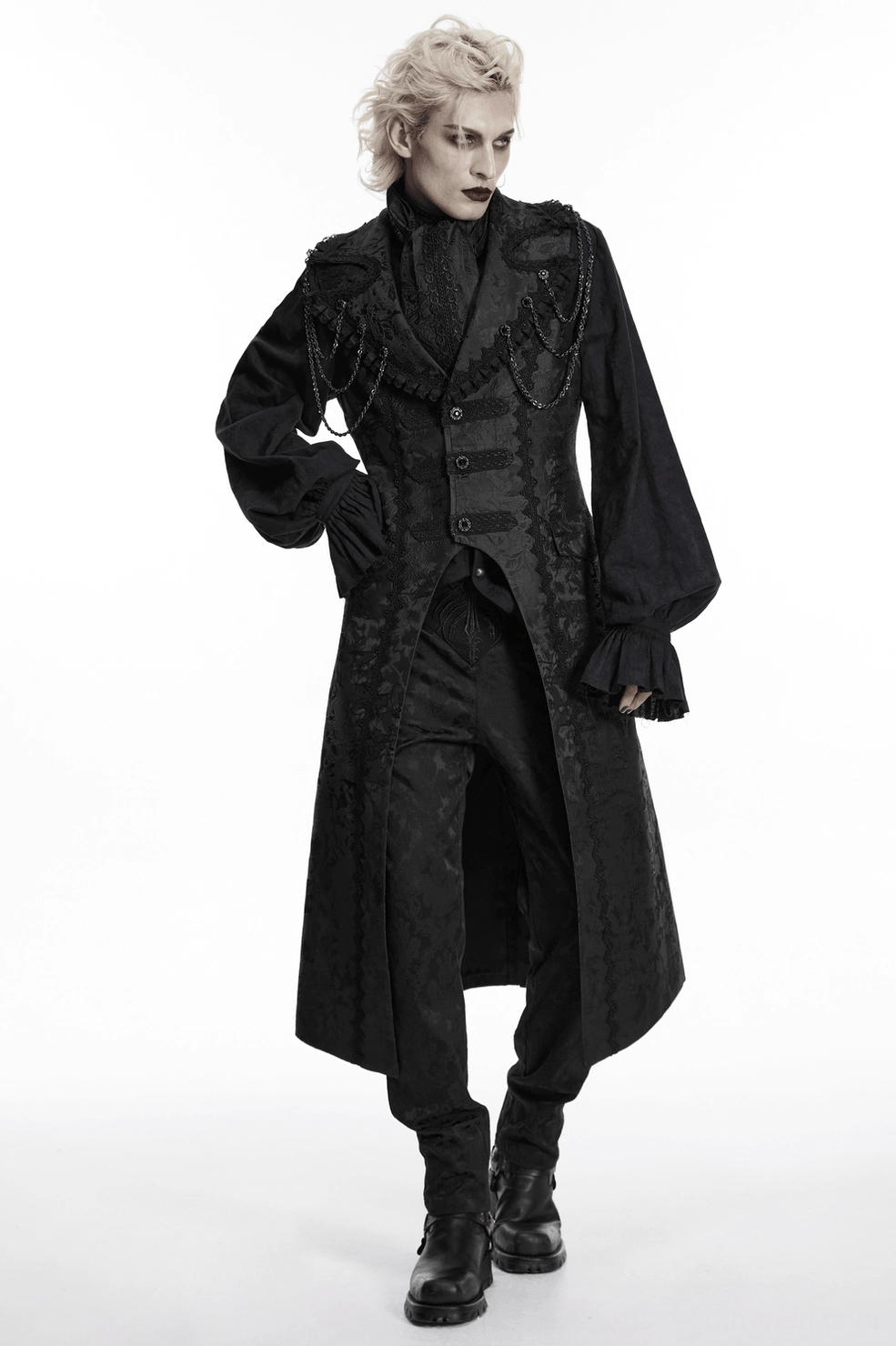 Gothic waistcoat styling view with lapel collar and front closure system demonstration