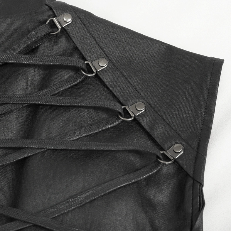Detailed close-up of leather lace-up straps with metal buckles and crisscross design on gothic waistcoat
