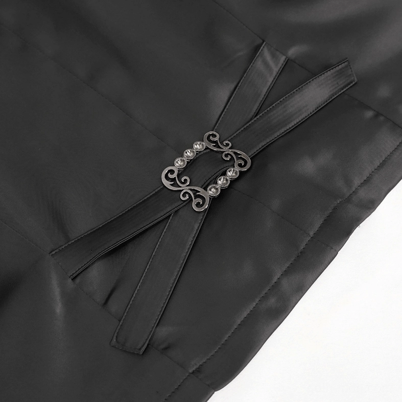 Gothic waistcoat back buckle close-up showing scroll-shaped metal buckle with adjustable black tie straps