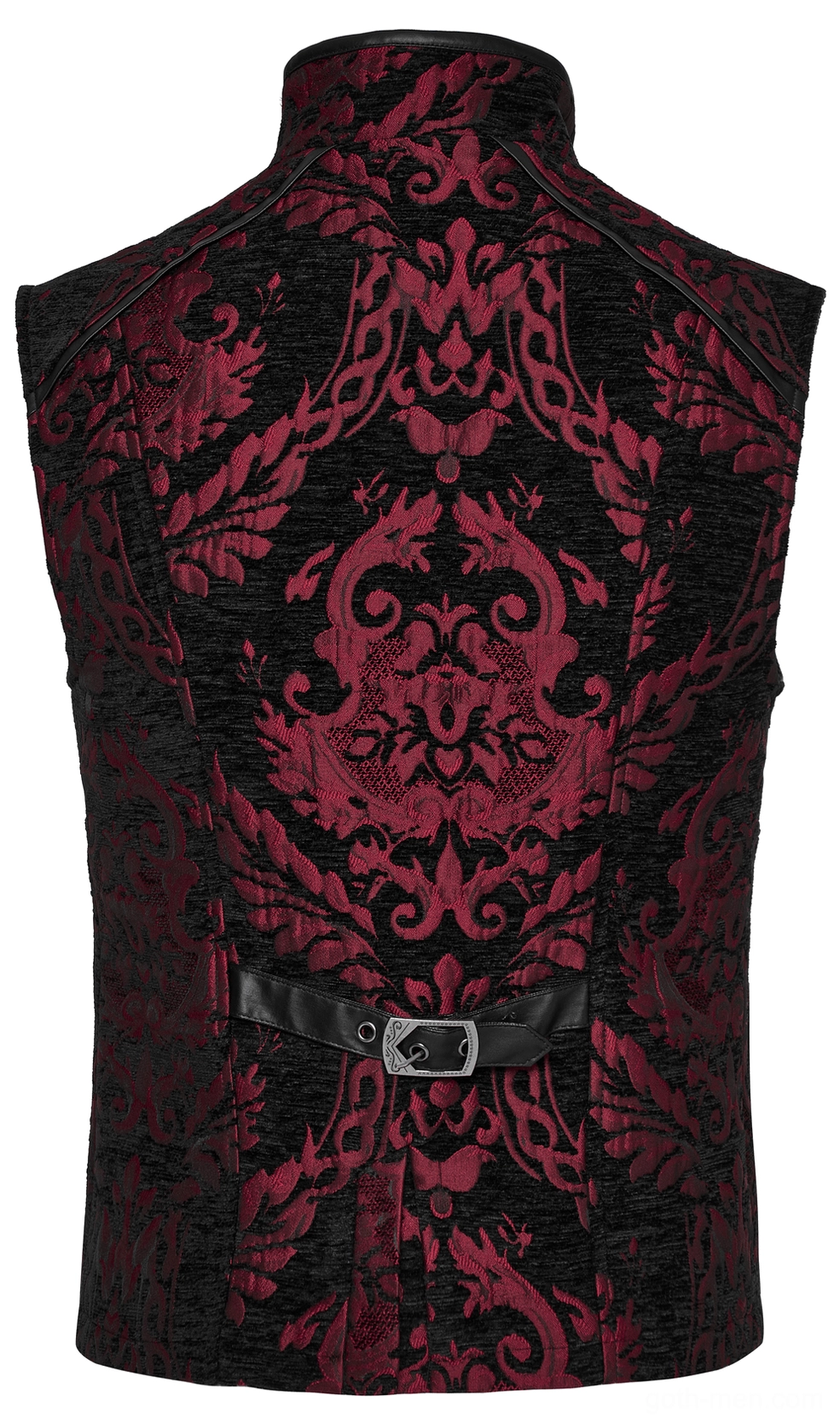 Back view of gothic men's waistcoat flat lay, displaying full red-black damask brocade pattern, metal buckle waist belt system, and faux leather rear panel details