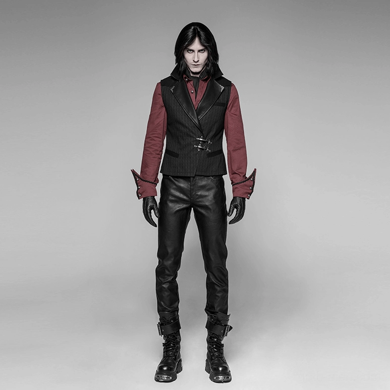 Black striped gothic waistcoat shoulder and armhole construction showing PU leather reinforcement