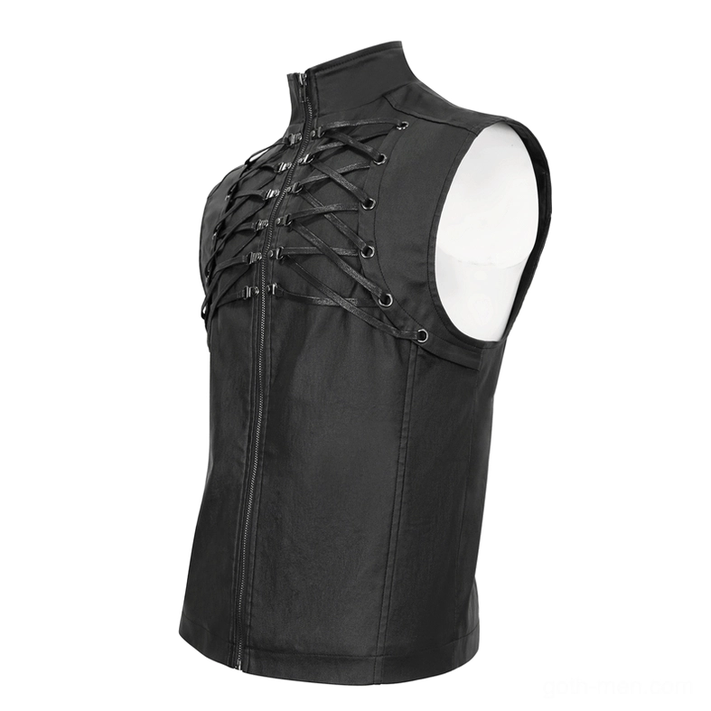Three-quarter side view of men's gothic lace-up waistcoat highlighting sleeveless silhouette