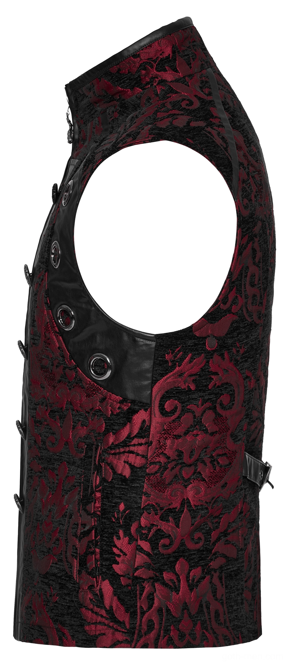 Gothic damask waistcoat side profile view, highlighting stand collar structure, armhole cutout detail, and side adjustment fasteners on red-black jacquard fabric