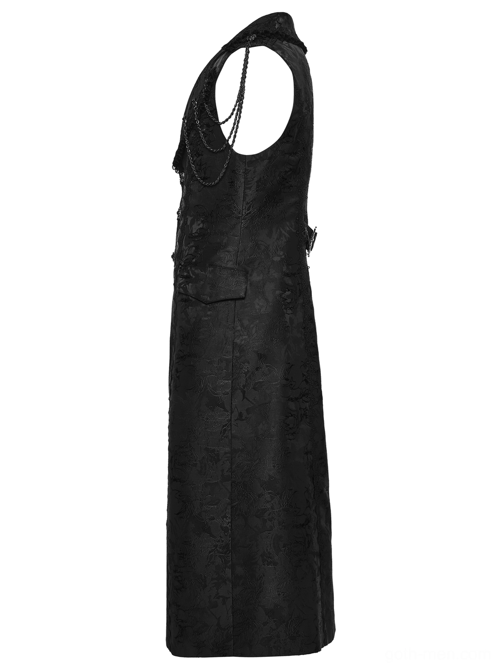 Side view of gothic sleeveless waistcoat highlighting chain details and side pocket construction