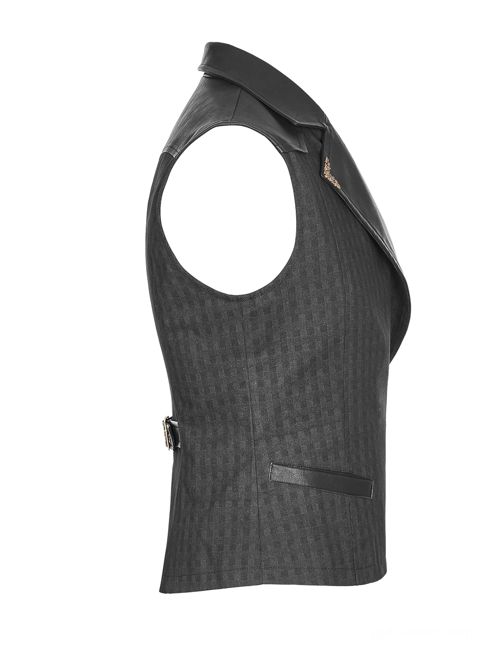 Black striped gothic waistcoat side view flat lay showing sleeveless design PU shoulder panel buckle