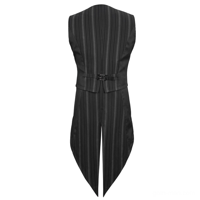 Black striped gothic waistcoat back flat lay detail of tailored split hem and waist strap