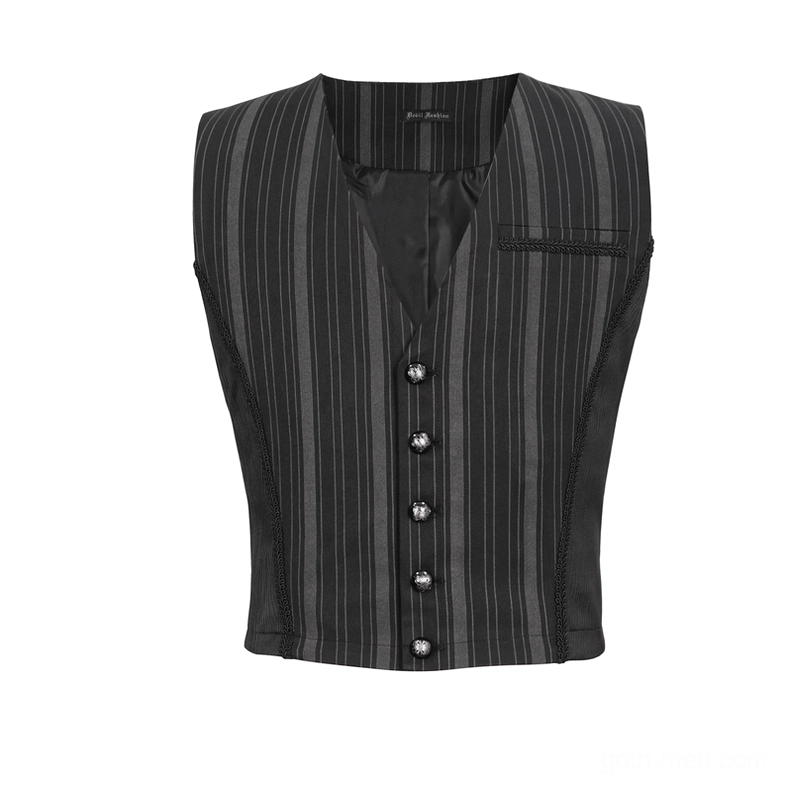 Black striped gothic waistcoat front flat lay showing ornate patterned buttons and breast pocket