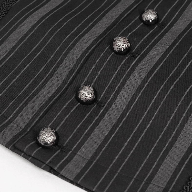 Black striped gothic waistcoat layered styling showcase for alternative fashion