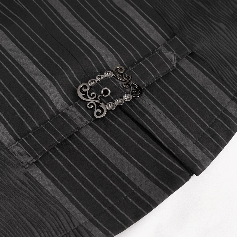 Black striped gothic waistcoat metal buckle detail with crystal accents and stripe base fabric