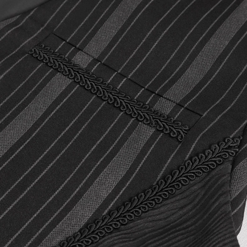 Black striped gothic waistcoat fit demonstration on model for goth alternative outfit