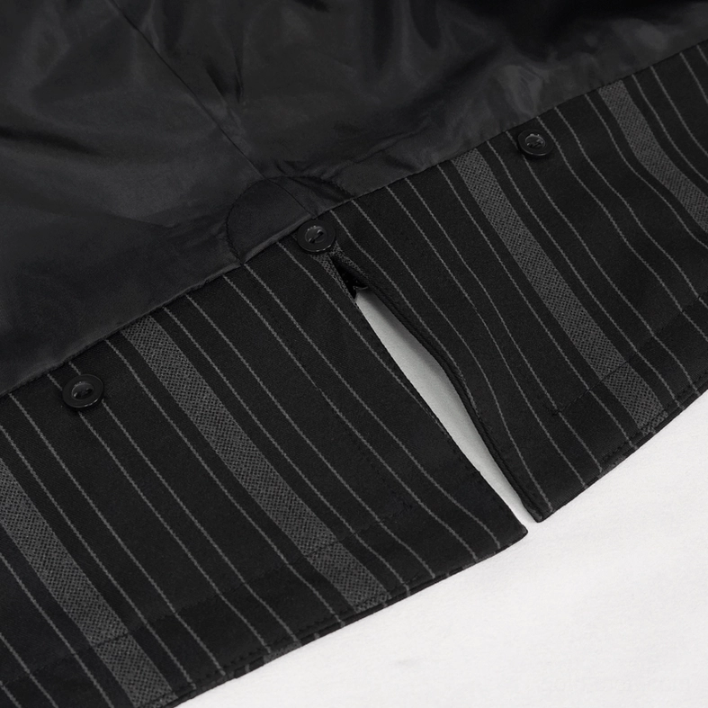 Black striped gothic waistcoat rear waist closure detail showing buttoned adjusters and split hem