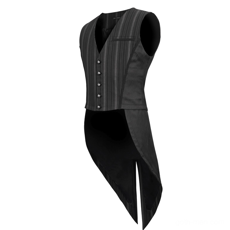 Black striped gothic waistcoat side flat lay view showing V-neck cut and front button row