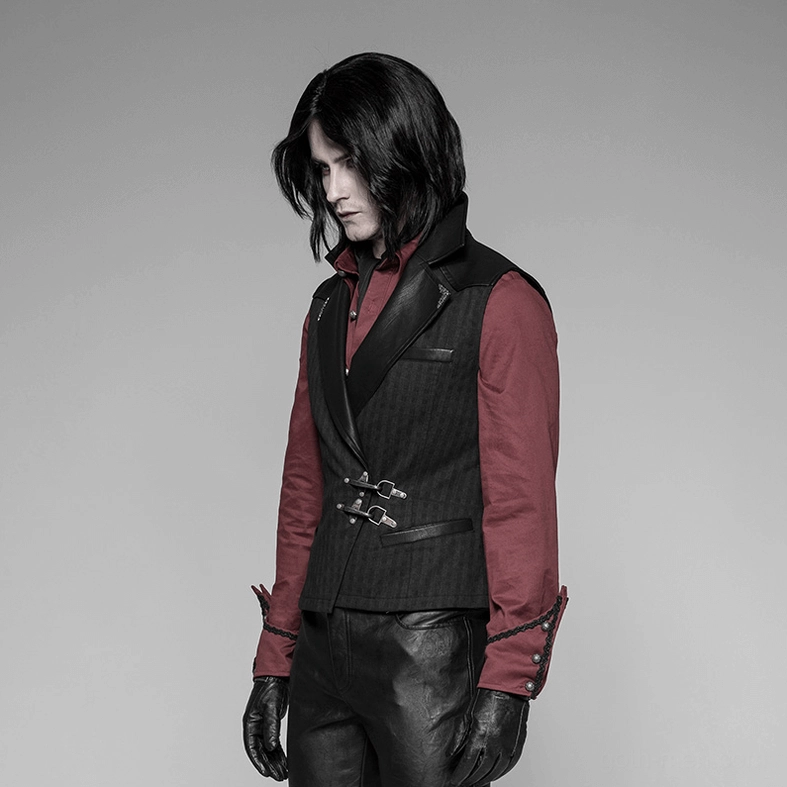Black gothic waistcoat three-quarter view on model showing fitted silhouette and structural design