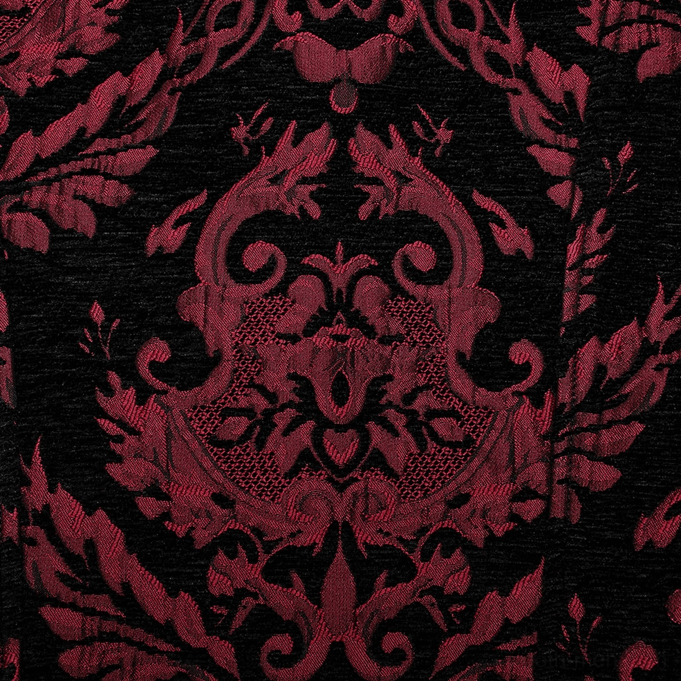 Gothic waistcoat rear close-up detail, featuring ornate metal buckle waist adjustment system on full red-black damask background, showing rubberized leather construction