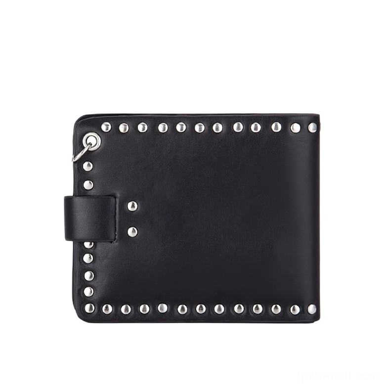Punk leather wallet back design with silver rivet trim details