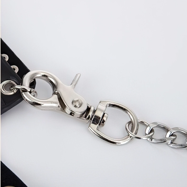 Close-up macro shot of silver metal chain hardware, snap hook clasp, and chain attachment detail