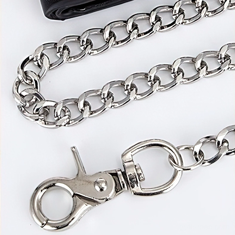 Polished silver curb chain with snap hooks for gothic skull wallet