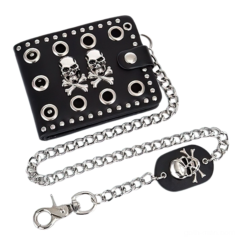 Gothic wallet with detachable silver chain and skull tag - side angle view
