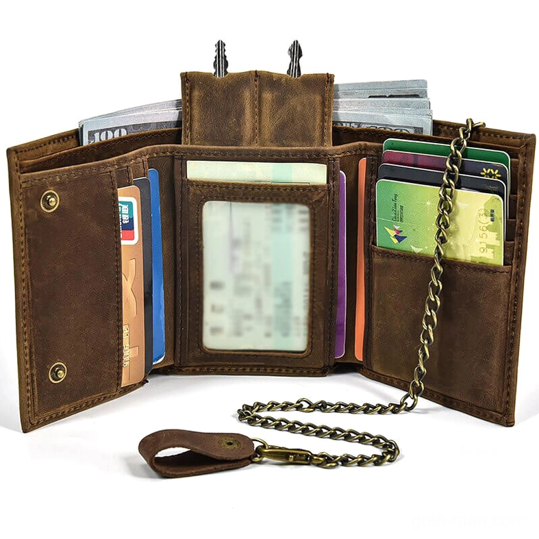 fully opened gothic leather wallet showing complete interior layout with multiple card compartments and removable brass chain
