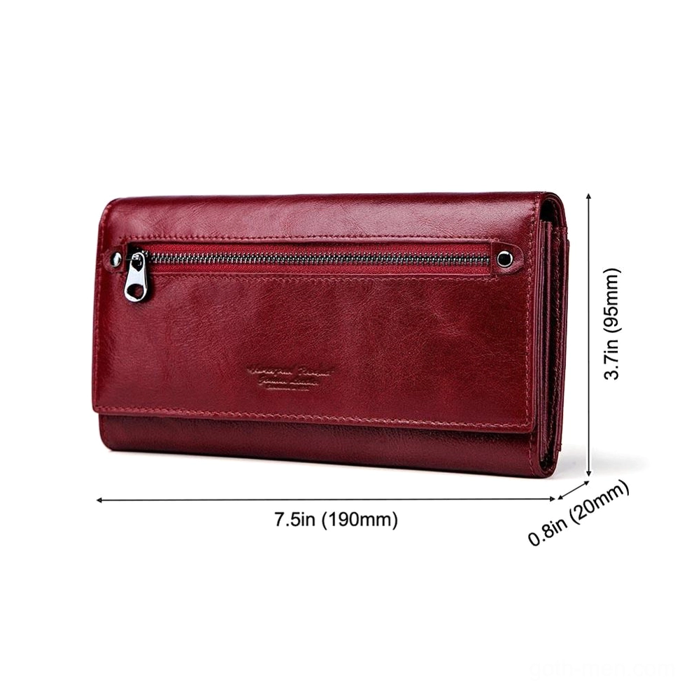 Half-opened long leather wallet interior showing multiple card slots and bill compartments