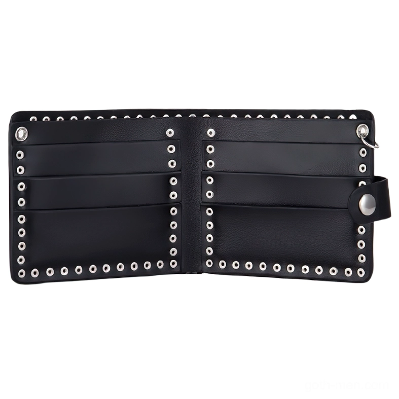Interior of black gothic bifold wallet featuring multiple card slots and reinforced rivet edge trim