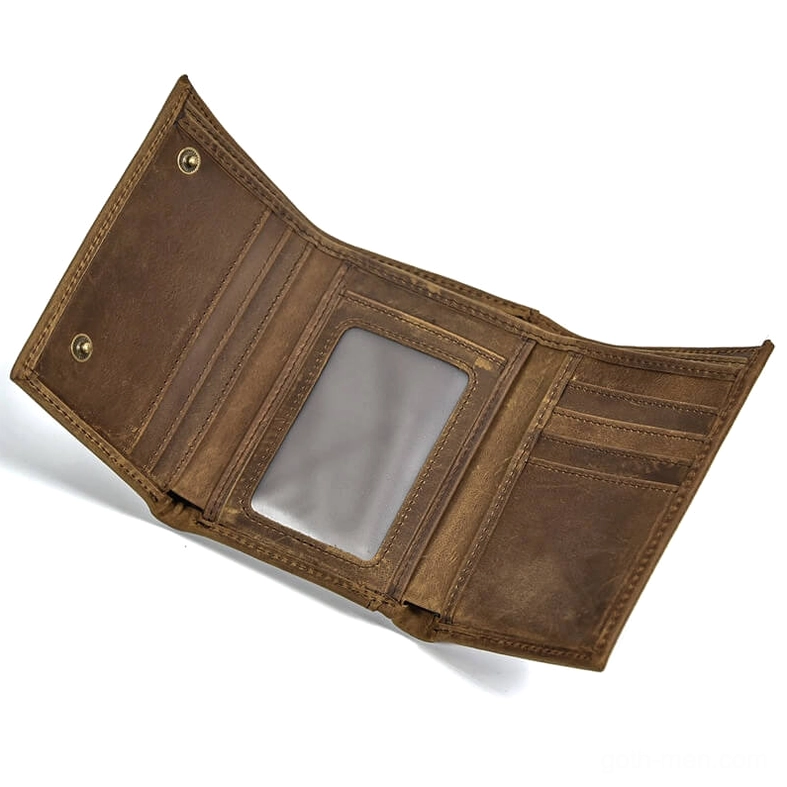 opened gothic wallet interior showing multiple card slots, clear ID window, and compartments in brown genuine leather lining