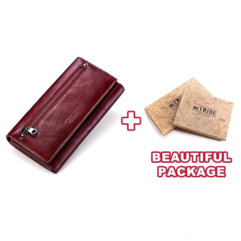 Interior layout of opened leather wallet showing 7 banknote slots, 11 card holders, and zipper compartment details