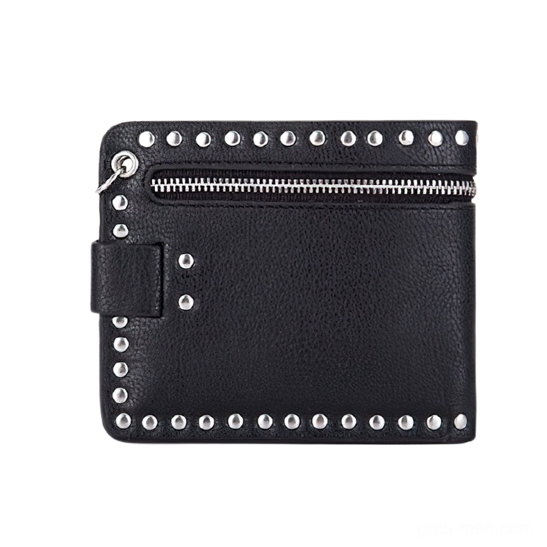 Side profile of black gothic punk leather wallet showing thickness and metal rivet edge accents