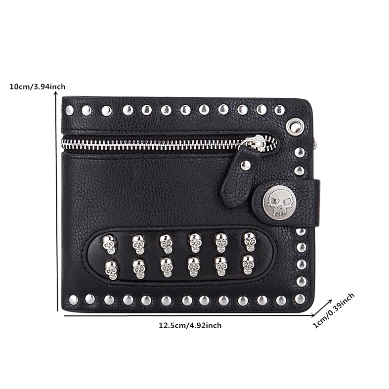 Gothic skull wallet dimensions labeled 10x12.5x1cm showing compact bifold size with secure zipper pocket