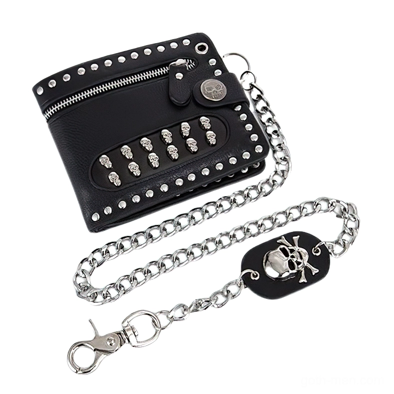 Black punk wallet with anti-theft chain clasp, silver skull dog tag, and matching studded hardware