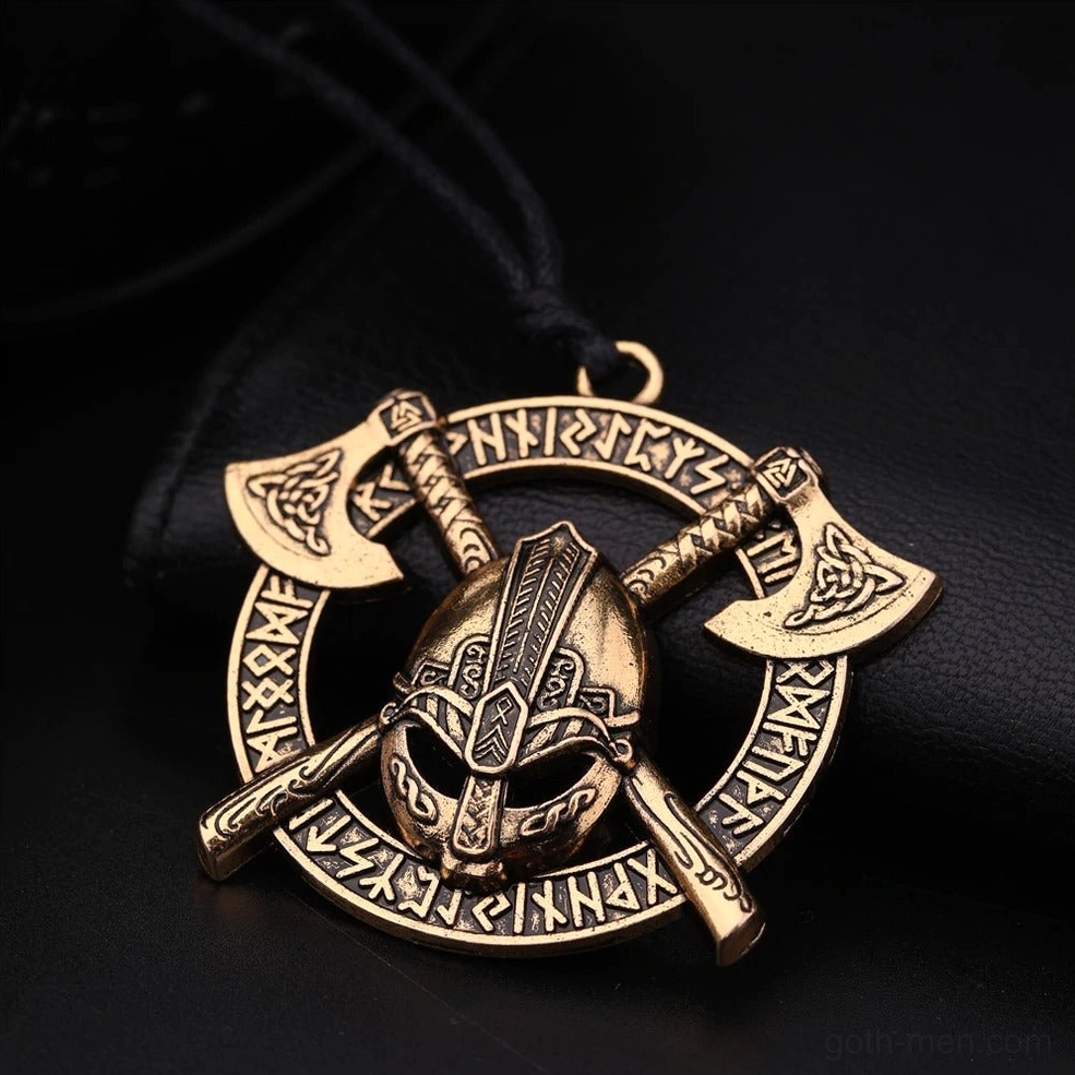 Gothic dark warrior pendant necklace featuring crossed axes and protective rune carvings