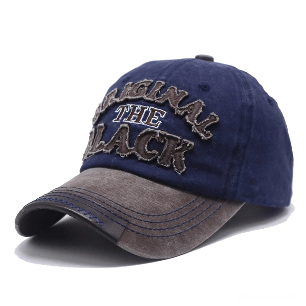 Coffee and navy blue washed gothic baseball cap with embroidered letter logo and contrast brim detail