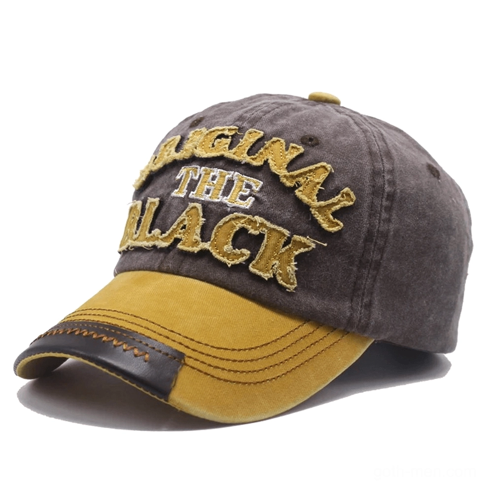 Yellow and coffee washed gothic baseball cap with embroidered letter logo and vintage distressed finish