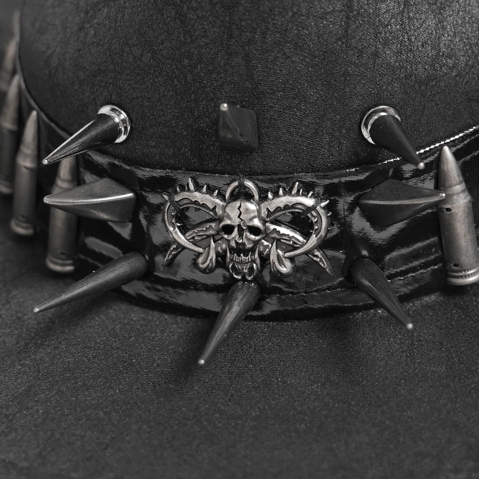 Black gothic western cowboy hat with metal hardware detail worn on white mannequin head